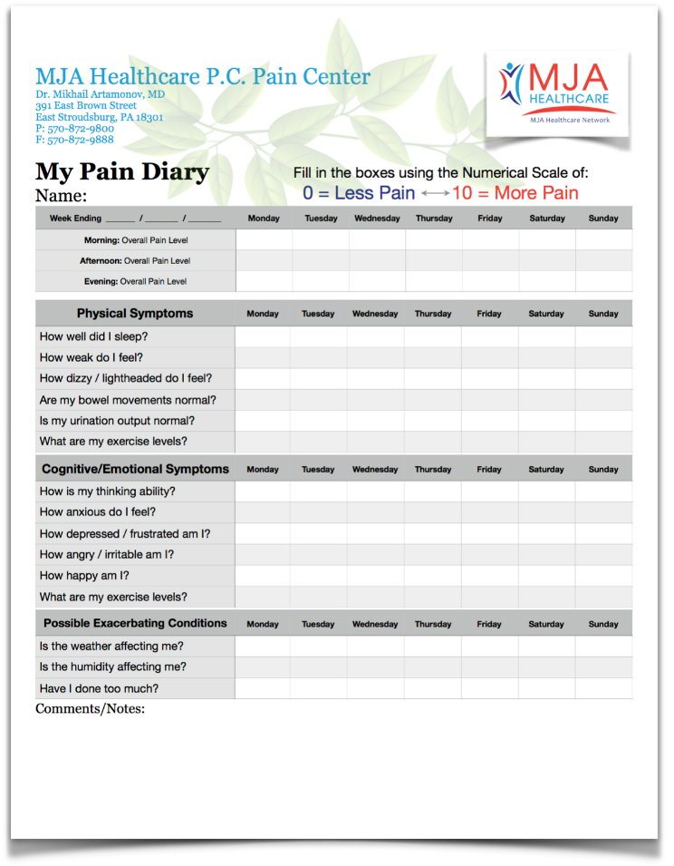 MJA Healthcare Pain Diary Picture - MJA Healthcare Network